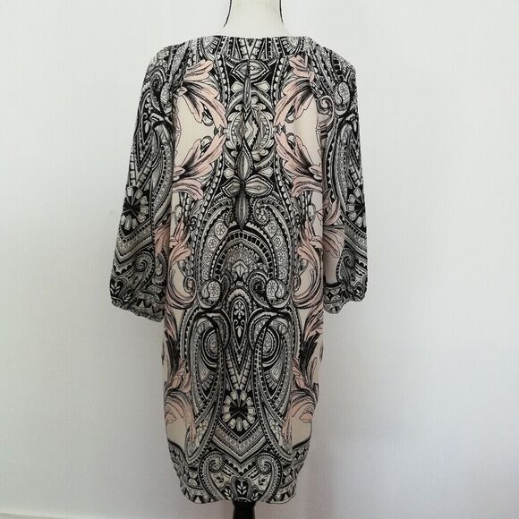 Buttons Ornate Print 3/4 Sleeve Split V-Neck Casual Shift Dress Women's Size L - Picture 7 of 10
